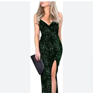 BerryGo Women's Sexy V Neck Bodycon Sequin Gown Evening Dress Slit worn 1X large
